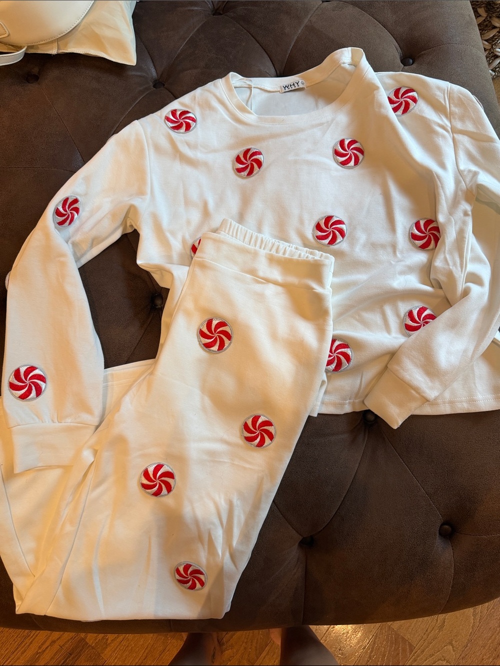 White Pajama Set with Red Peppermint Prints